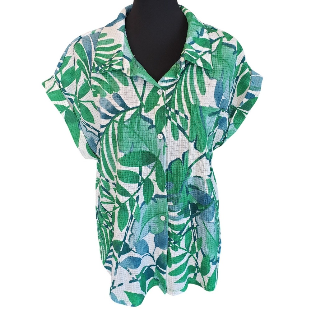 Kathy Ireland Tropical Leaf Button Down Shirt‎ Green Blue XL HK35382
